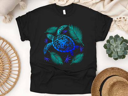 Ocean Blue Tribal Hawaiian Turtle T-Shirt – Polynesian Sea Life Tee, Island Beachwear, Coastal Vacation Gift, Unisex Nature Shirt