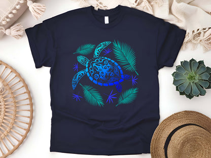 Ocean Blue Tribal Hawaiian Turtle T-Shirt – Polynesian Sea Life Tee, Island Beachwear, Coastal Vacation Gift, Unisex Nature Shirt