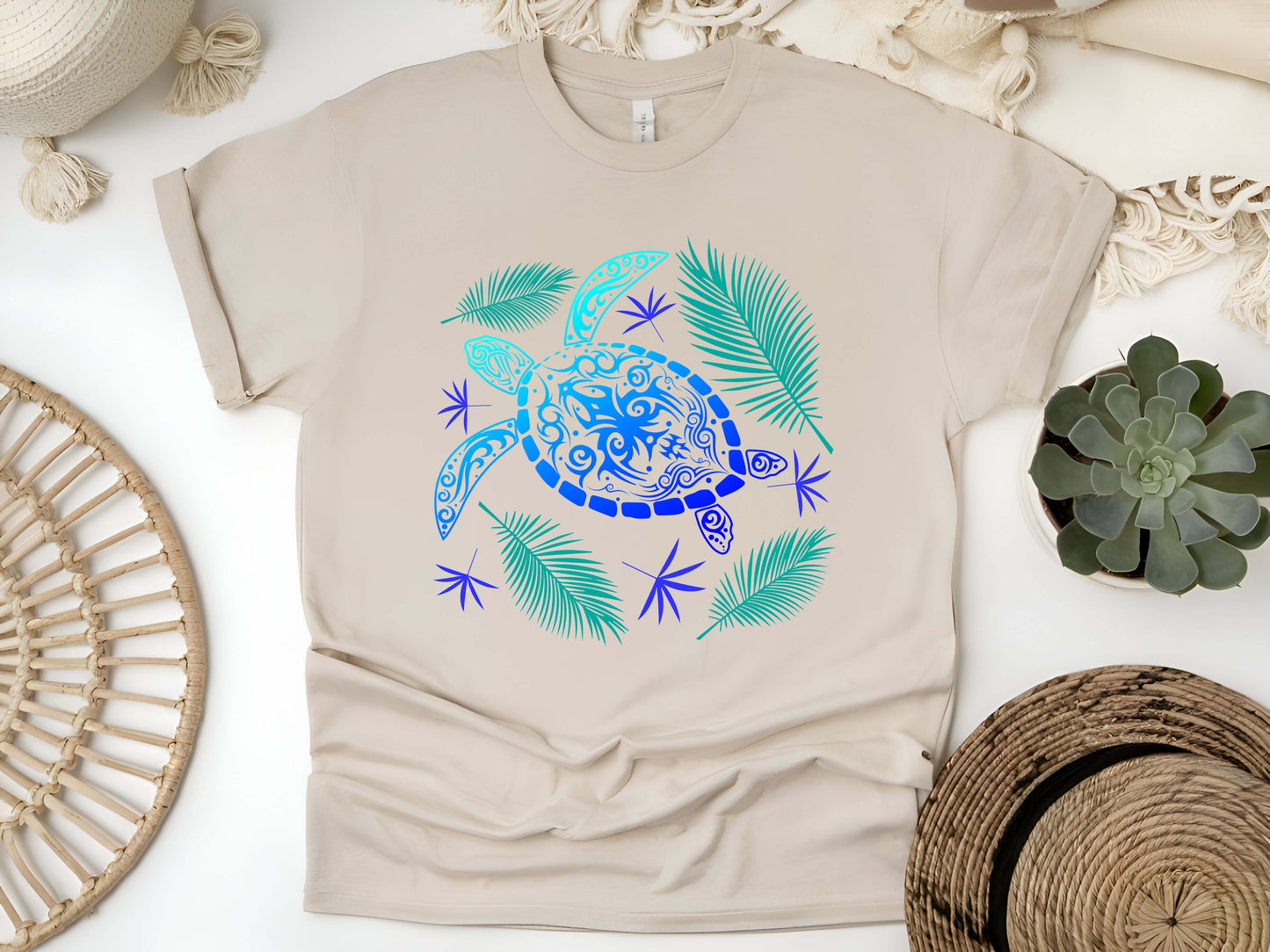 Ocean Blue Tribal Hawaiian Turtle T-Shirt – Polynesian Sea Life Tee, Island Beachwear, Coastal Vacation Gift, Unisex Nature Shirt