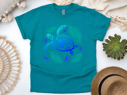 Ocean Blue Tribal Hawaiian Turtle T-Shirt – Polynesian Sea Life Tee, Island Beachwear, Coastal Vacation Gift, Unisex Nature Shirt