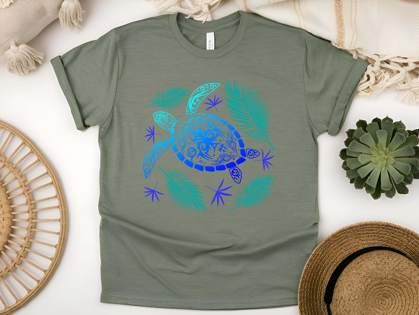 Ocean Blue Tribal Hawaiian Turtle T-Shirt – Polynesian Sea Life Tee, Island Beachwear, Coastal Vacation Gift, Unisex Nature Shirt