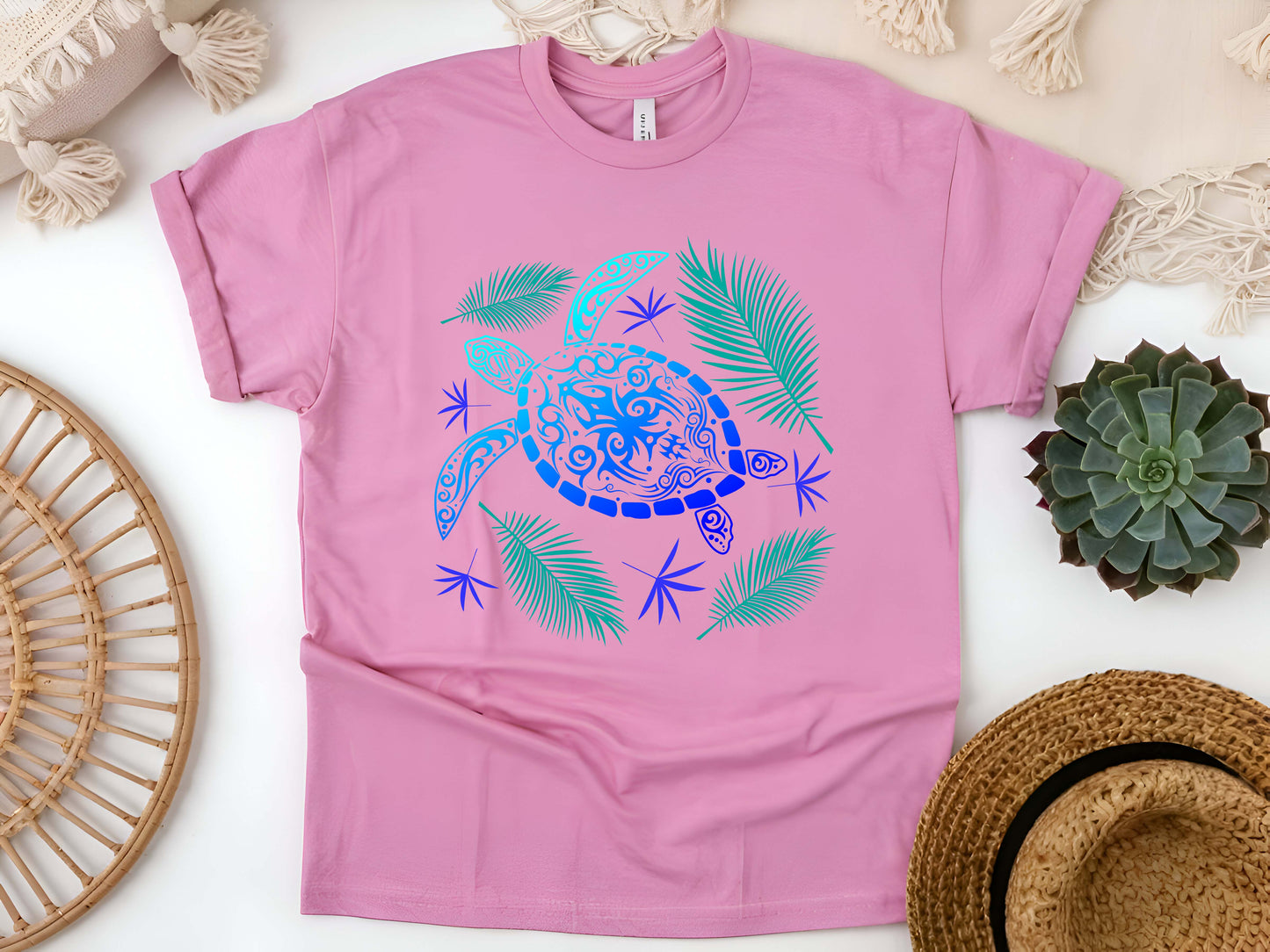 Ocean Blue Tribal Hawaiian Turtle T-Shirt – Polynesian Sea Life Tee, Island Beachwear, Coastal Vacation Gift, Unisex Nature Shirt