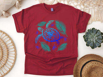 Ocean Blue Tribal Hawaiian Turtle T-Shirt – Polynesian Sea Life Tee, Island Beachwear, Coastal Vacation Gift, Unisex Nature Shirt