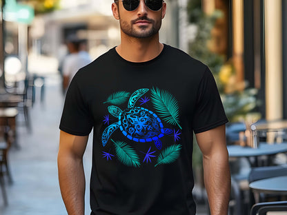 Ocean Blue Tribal Hawaiian Turtle T-Shirt – Polynesian Sea Life Tee, Island Beachwear, Coastal Vacation Gift, Unisex Nature Shirt