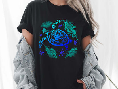 Ocean Blue Tribal Hawaiian Turtle T-Shirt – Polynesian Sea Life Tee, Island Beachwear, Coastal Vacation Gift, Unisex Nature Shirt