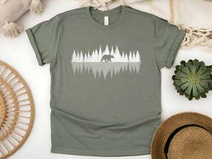 Trees Reflection Wildlife Bear T-Shirt – Outdoor Nature Lover Tee, Forest Animal Graphic, Hiking Adventure Gift, Camping Wildlife Shirt