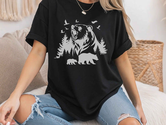 Bear Outdoor Scene T-Shirt – Wildlife Nature Tee, Mountain Adventure Shirt, Hiking Camping Gift, Unisex Forest Graphic Tee