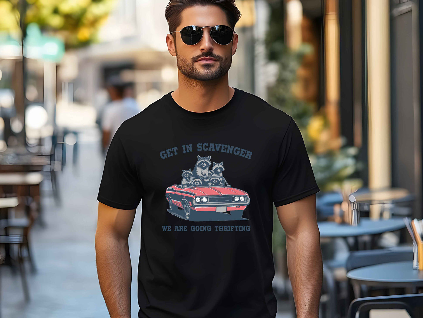 Scavenger Raccoon Vintage Car T-Shirt – Retro Animal Lover Tee