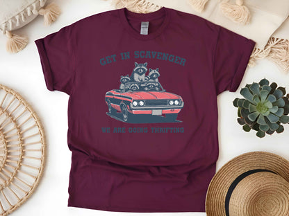 Scavenger Raccoon Vintage Car T-Shirt – Retro Animal Lover Tee