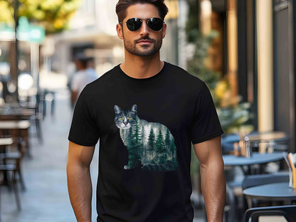 Cat Forest Silhouette T-Shirt – Nature-Inspired Feline Design, Unisex Tee for Cat Lovers, Eco-Friendly Apparel