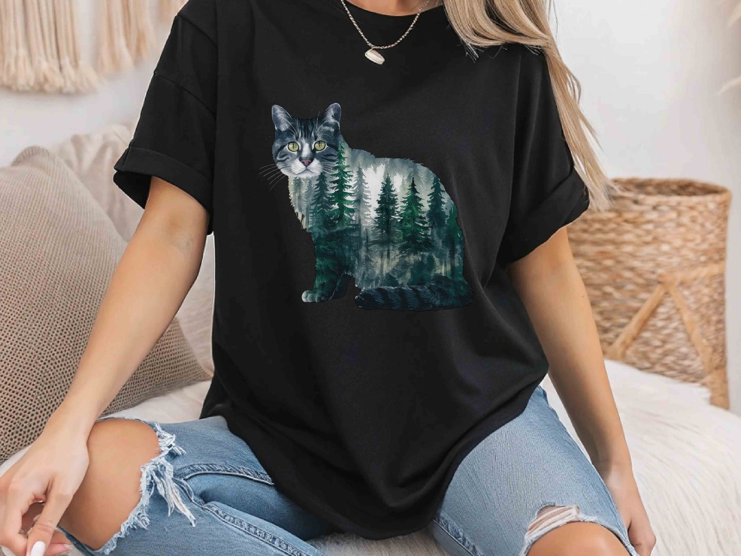 Cat Forest Silhouette T-Shirt – Nature-Inspired Feline Design, Unisex Tee for Cat Lovers, Eco-Friendly Apparel