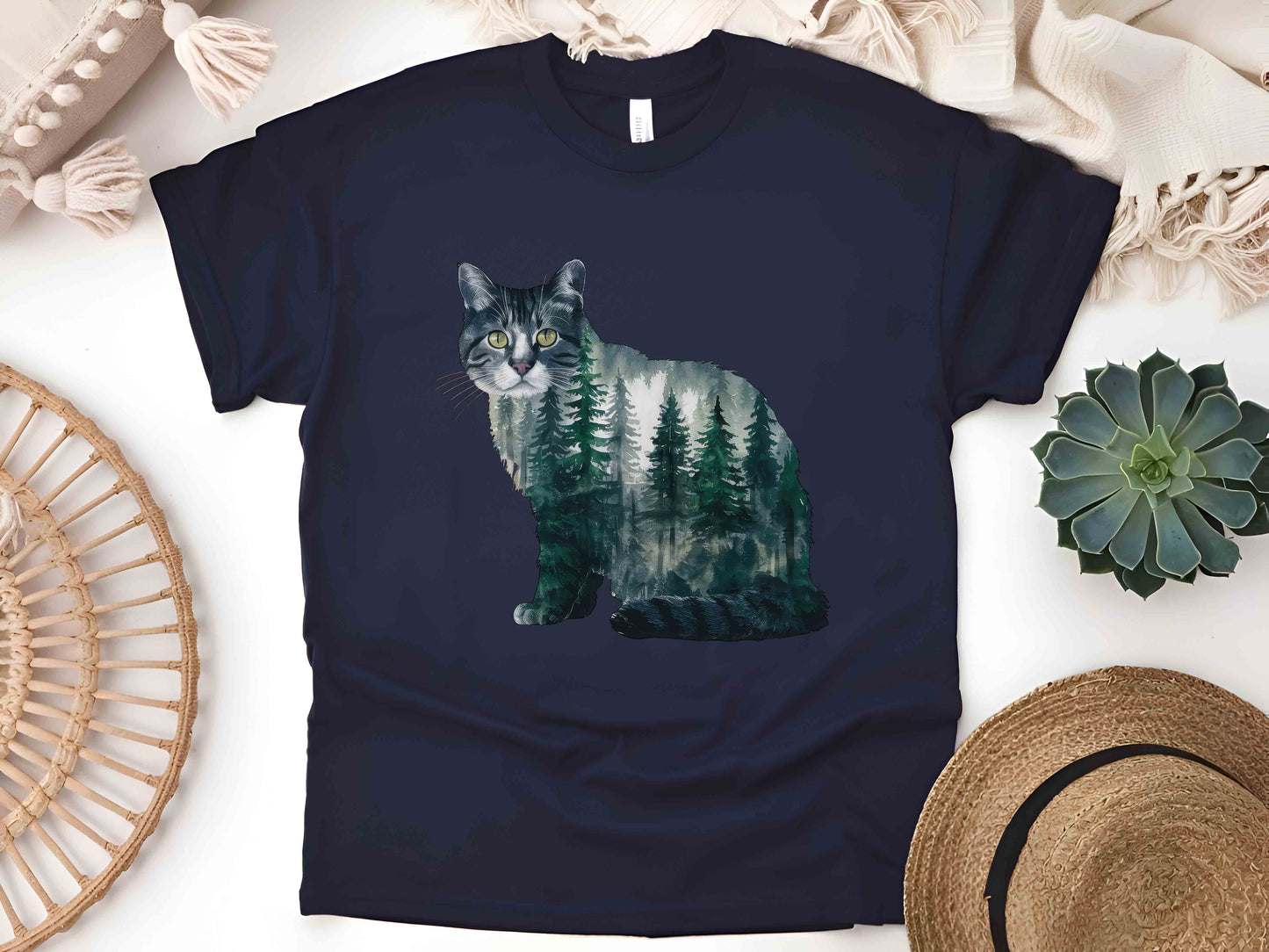 Cat Forest Silhouette T-Shirt – Nature-Inspired Feline Design, Unisex Tee for Cat Lovers, Eco-Friendly Apparel