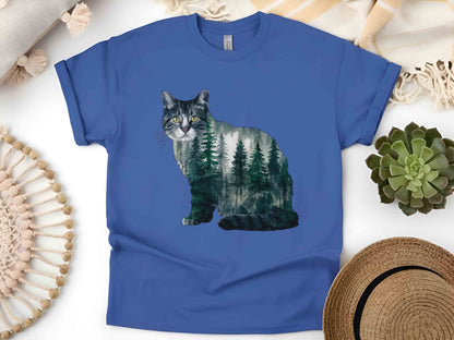 Cat Forest Silhouette T-Shirt – Nature-Inspired Feline Design, Unisex Tee for Cat Lovers, Eco-Friendly Apparel