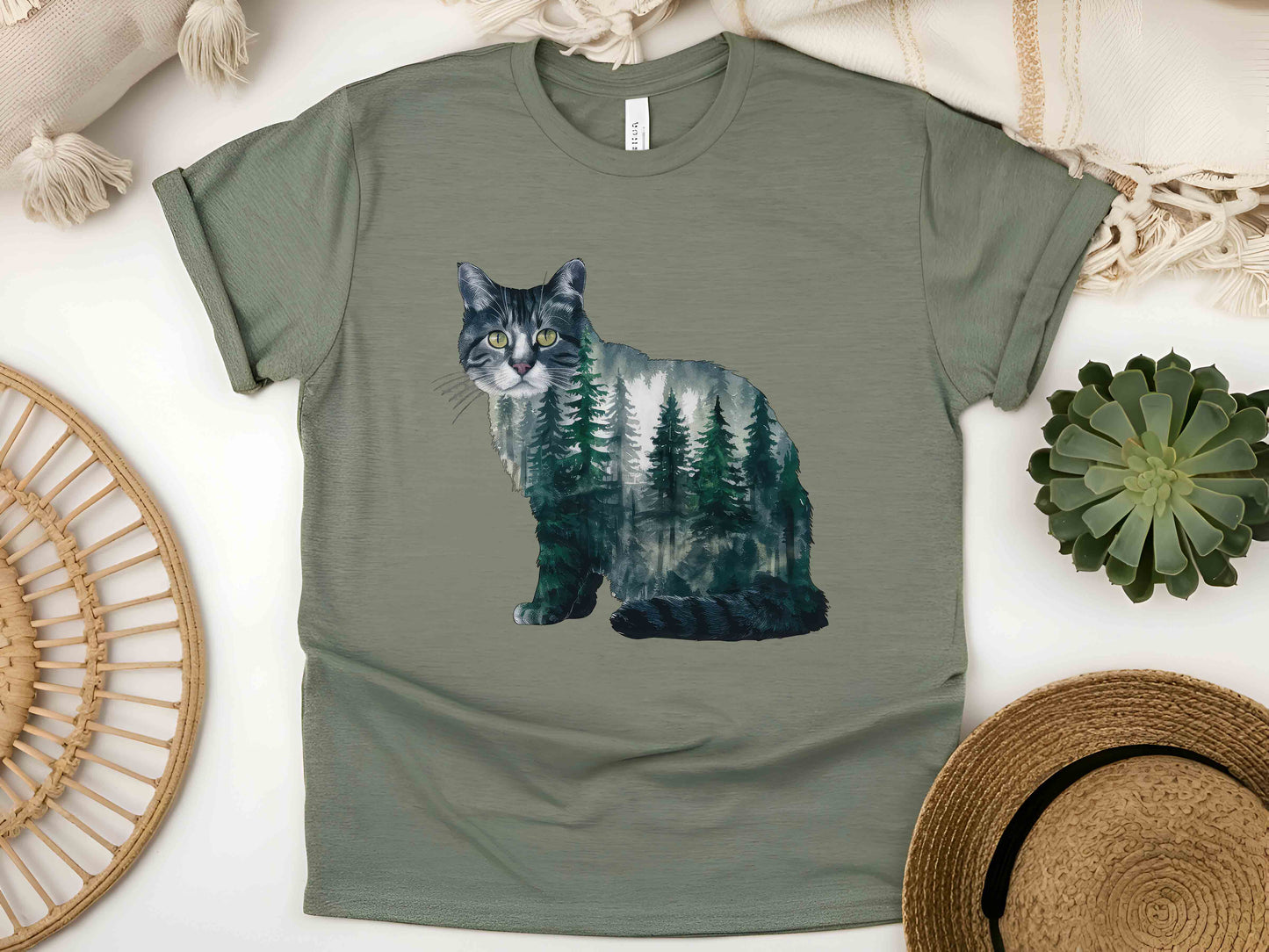 Cat Forest Silhouette T-Shirt – Nature-Inspired Feline Design, Unisex Tee for Cat Lovers, Eco-Friendly Apparel