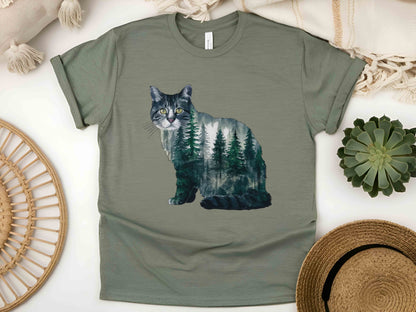 Cat Forest Silhouette T-Shirt – Nature-Inspired Feline Design, Unisex Tee for Cat Lovers, Eco-Friendly Apparel