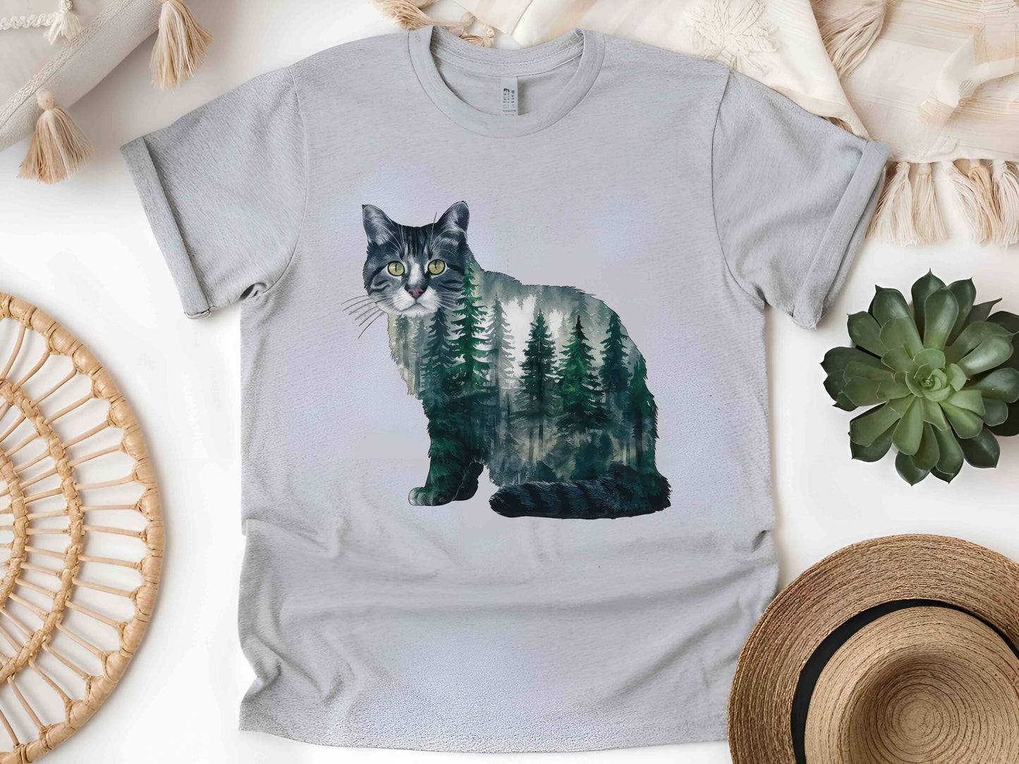 Cat Forest Silhouette T-Shirt – Nature-Inspired Feline Design, Unisex Tee for Cat Lovers, Eco-Friendly Apparel