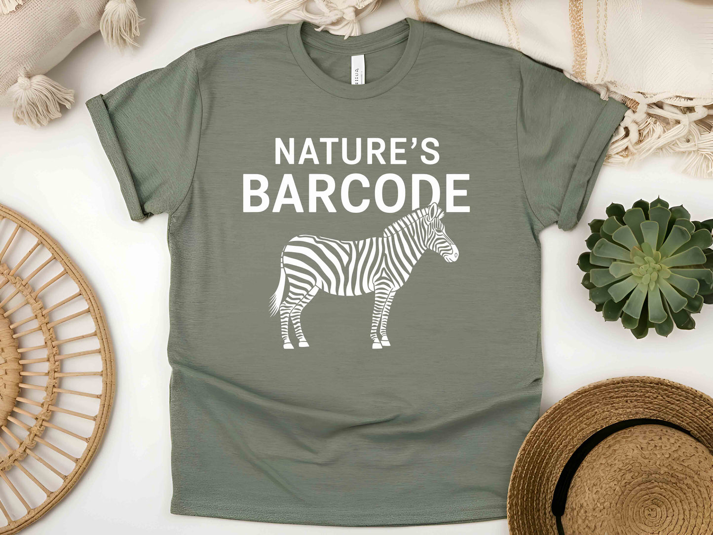 Nature's Barcode Zebra Stripes T-Shirt – Funny Wildlife Humor Tee, Unisex Eco-Friendly Apparel, Animal Lover Gift