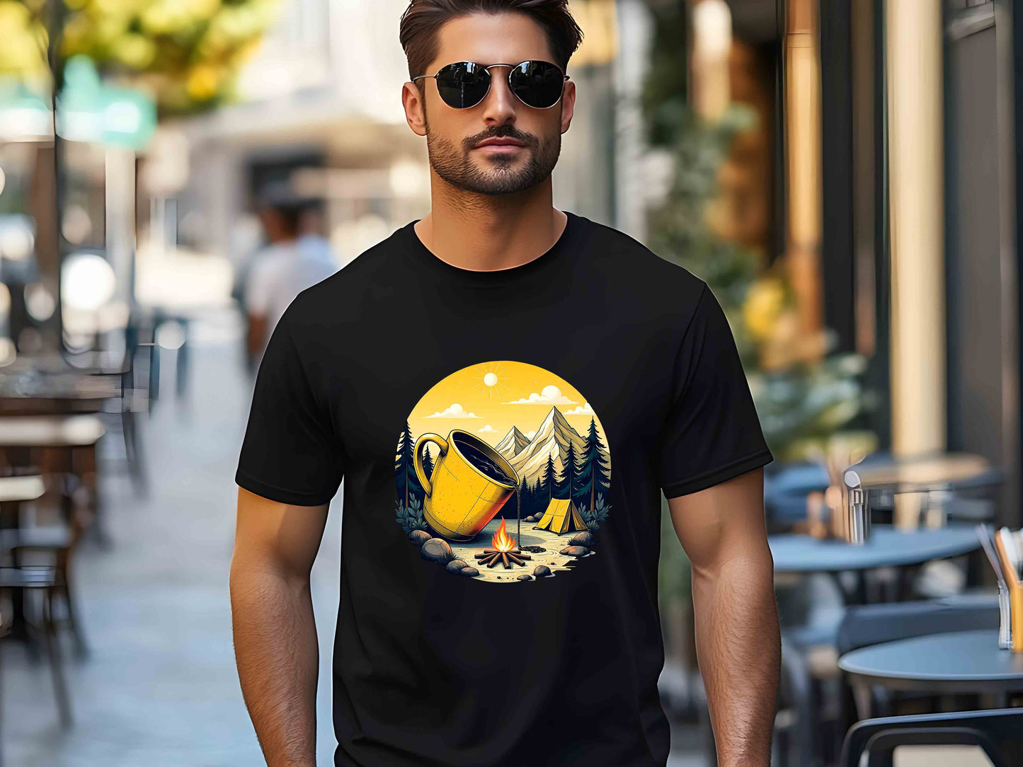 Morning Coffee in Nature T-Shirt – Unisex Eco-Friendly Tee for Outdoor and Coffee Enthusiasts