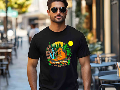 Hiking Boot with Nature T-Shirt – Unisex Eco-Friendly Tee for Outdoor Enthusiasts and Nature Lovers