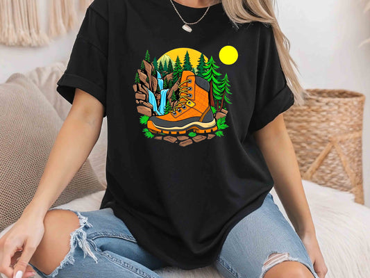 Hiking Boot with Nature T-Shirt – Unisex Eco-Friendly Tee for Outdoor Enthusiasts and Nature Lovers