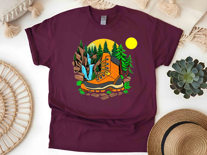 Hiking Boot with Nature T-Shirt – Unisex Eco-Friendly Tee for Outdoor Enthusiasts and Nature Lovers