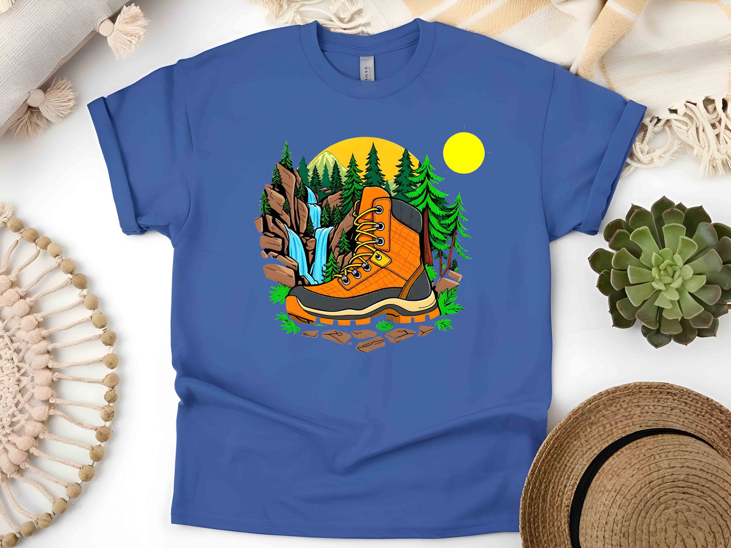 Hiking Boot with Nature T-Shirt – Unisex Eco-Friendly Tee for Outdoor Enthusiasts and Nature Lovers