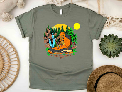 Hiking Boot with Nature T-Shirt – Unisex Eco-Friendly Tee for Outdoor Enthusiasts and Nature Lovers