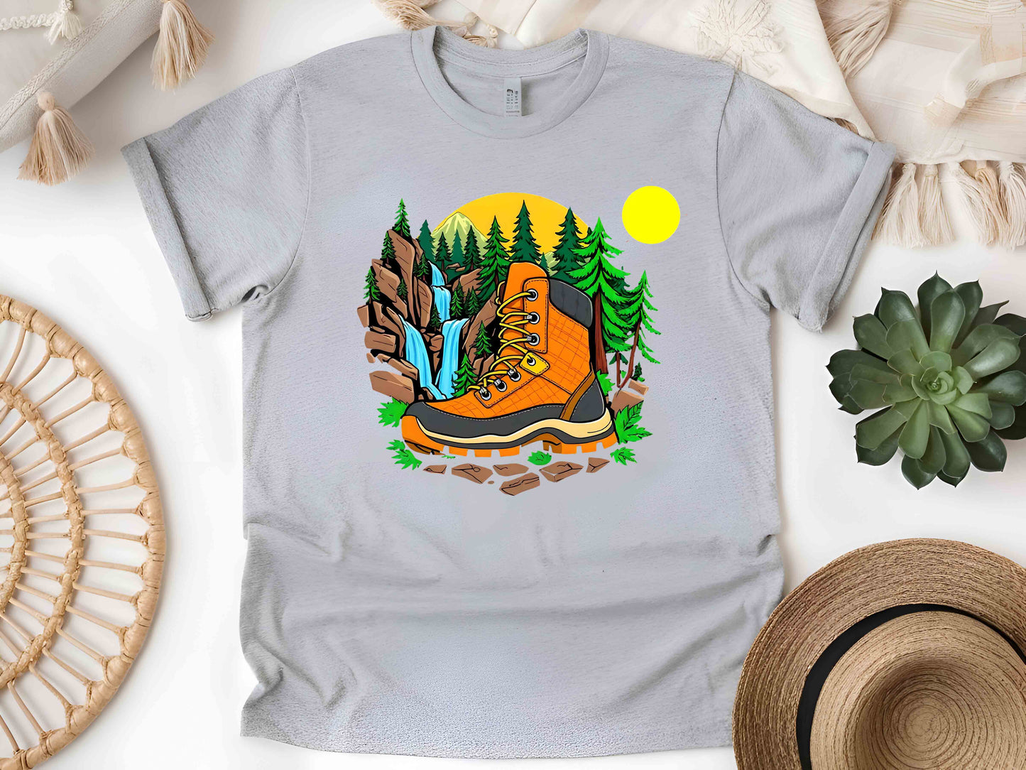 Hiking Boot with Nature T-Shirt – Unisex Eco-Friendly Tee for Outdoor Enthusiasts and Nature Lovers