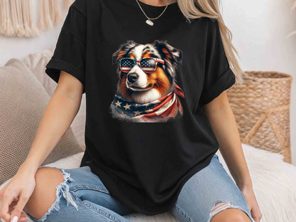 Patriotic Australian Shepherd Dog T-Shirt with American Flag – Unisex Eco-Friendly Tee for Dog Lovers and Patriots