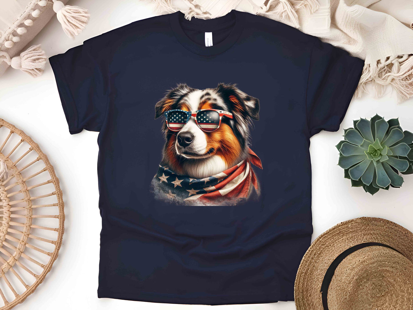 Patriotic Australian Shepherd Dog T-Shirt with American Flag – Unisex Eco-Friendly Tee for Dog Lovers and Patriots