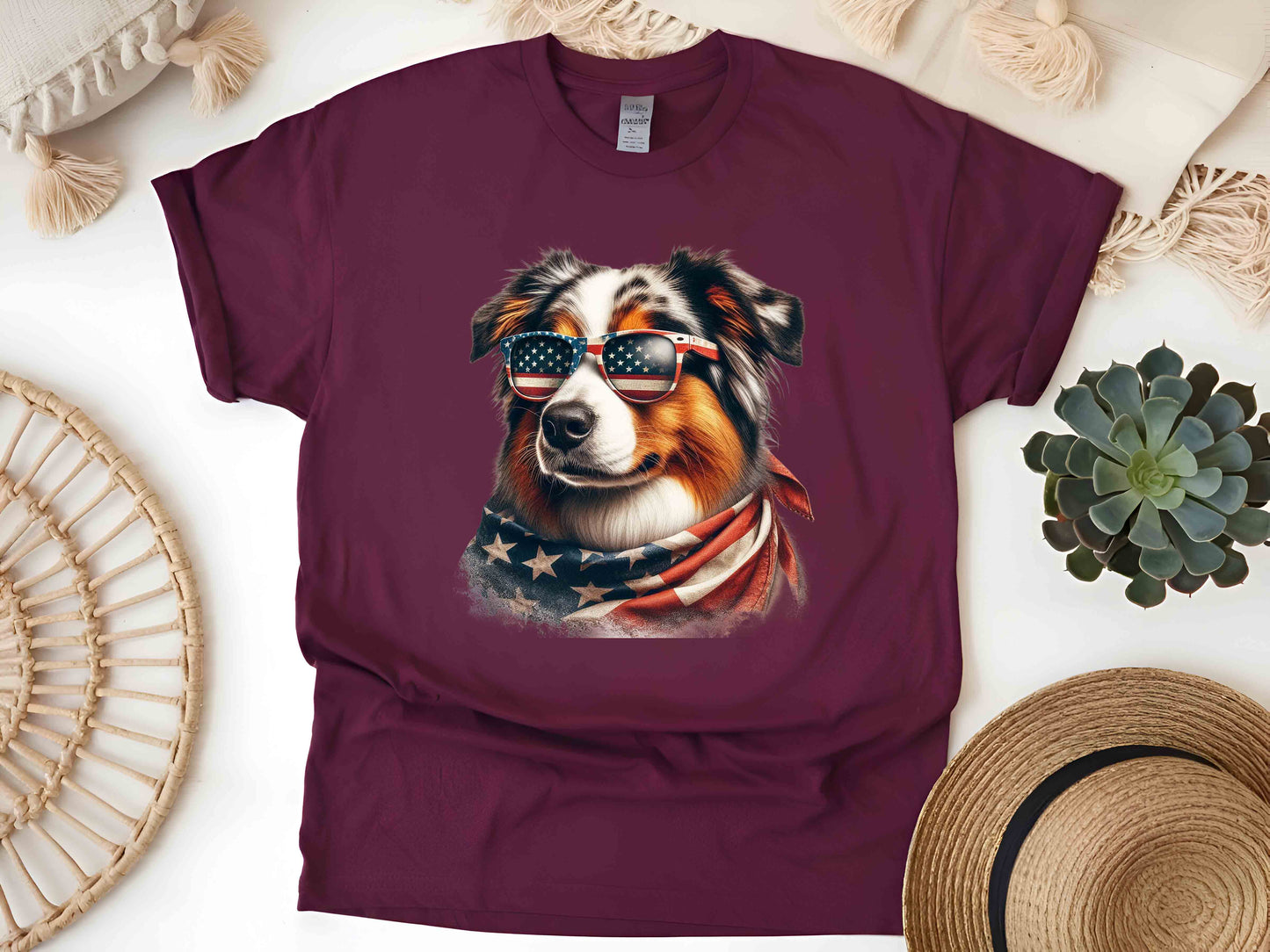 Patriotic Australian Shepherd Dog T-Shirt with American Flag – Unisex Eco-Friendly Tee for Dog Lovers and Patriots