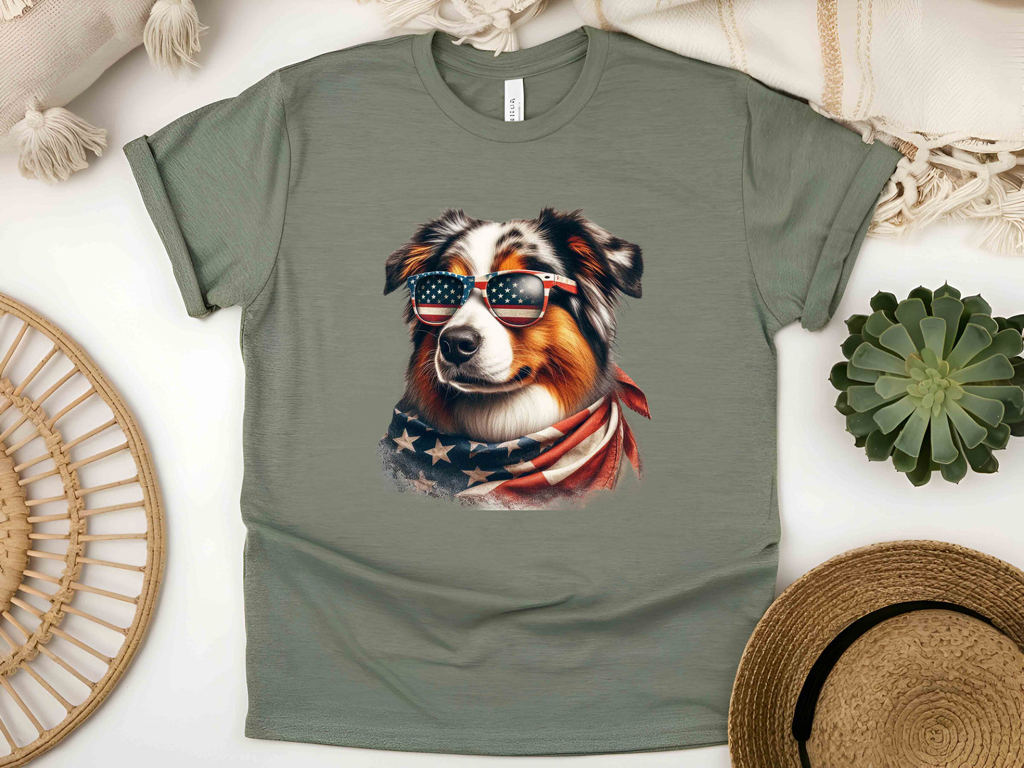 Patriotic Australian Shepherd Dog T-Shirt with American Flag – Unisex Eco-Friendly Tee for Dog Lovers and Patriots