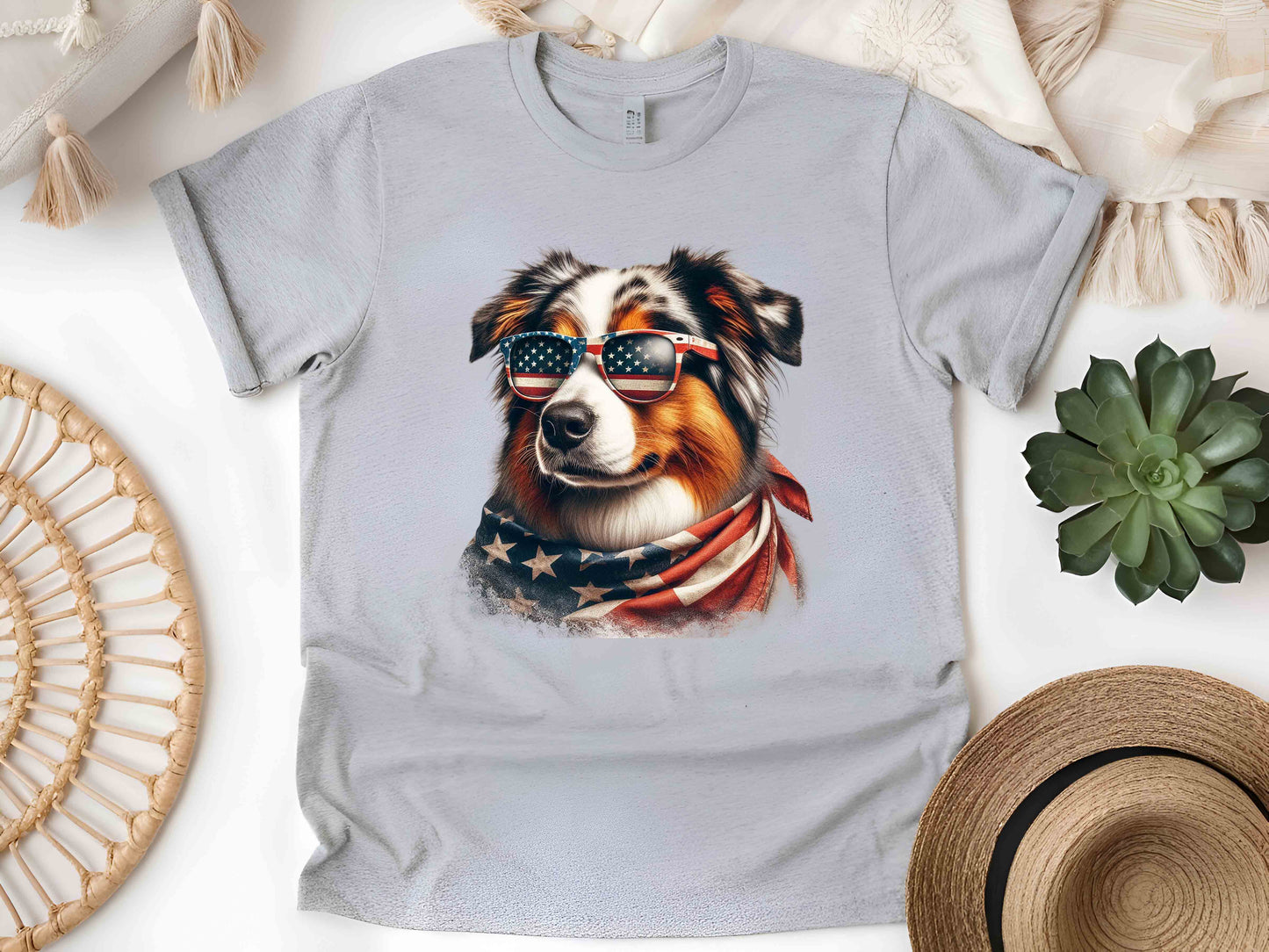 Patriotic Australian Shepherd Dog T-Shirt with American Flag – Unisex Eco-Friendly Tee for Dog Lovers and Patriots