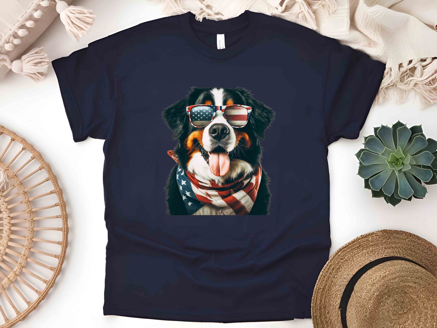 Patriotic Bernese Mountain Dog T-Shirt with American Flag – Unisex Tee for Dog Lovers and Patriots