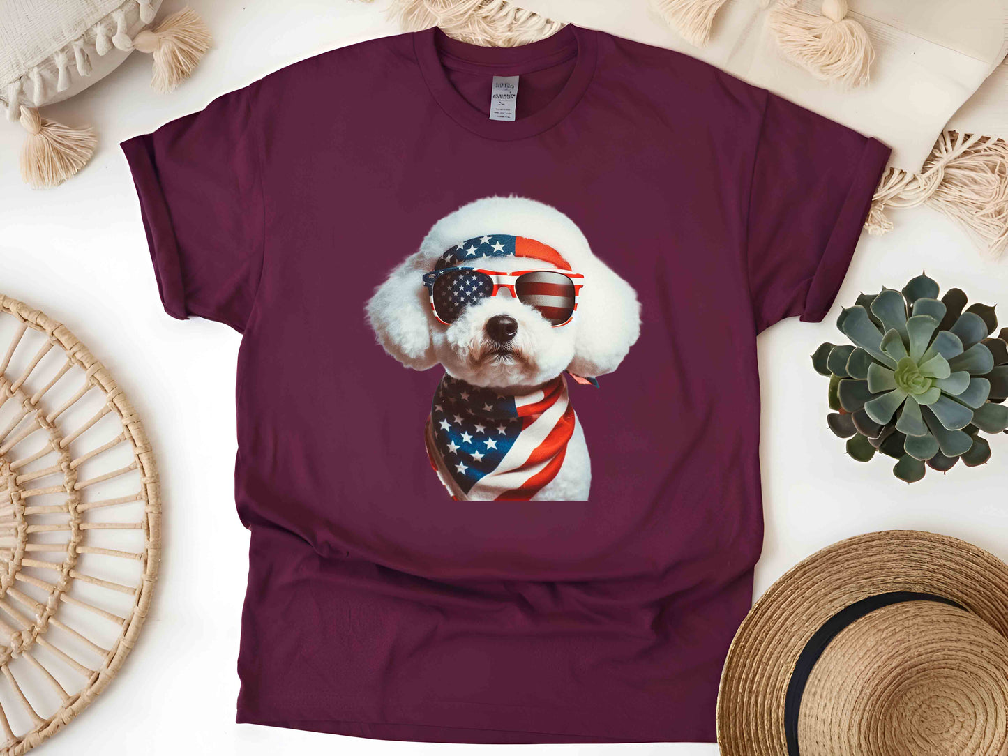 Patriotic Bichon Frise Dog T-Shirt with American Flag – Unisex Tee for Dog Lovers and Patriots