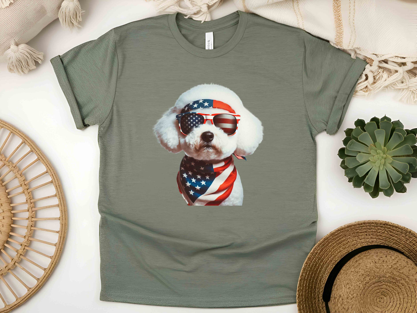 Patriotic Bichon Frise Dog T-Shirt with American Flag – Unisex Tee for Dog Lovers and Patriots