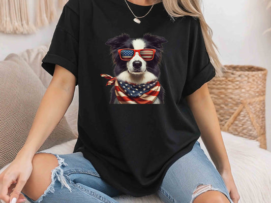 Patriotic Border Collie Dog T-Shirt with American Flag – Unisex Tee for Dog Lovers and Patriots