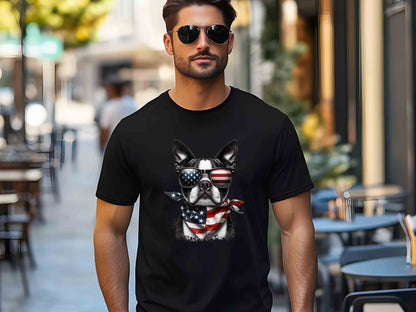 Patriotic Boston Terrier Dog T-Shirt with American Flag – Unisex Tee for Dog Lovers and Patriots