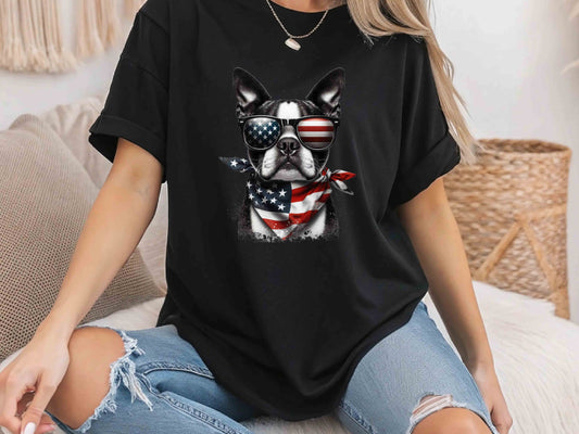 Patriotic Boston Terrier Dog T-Shirt with American Flag – Unisex Tee for Dog Lovers and Patriots