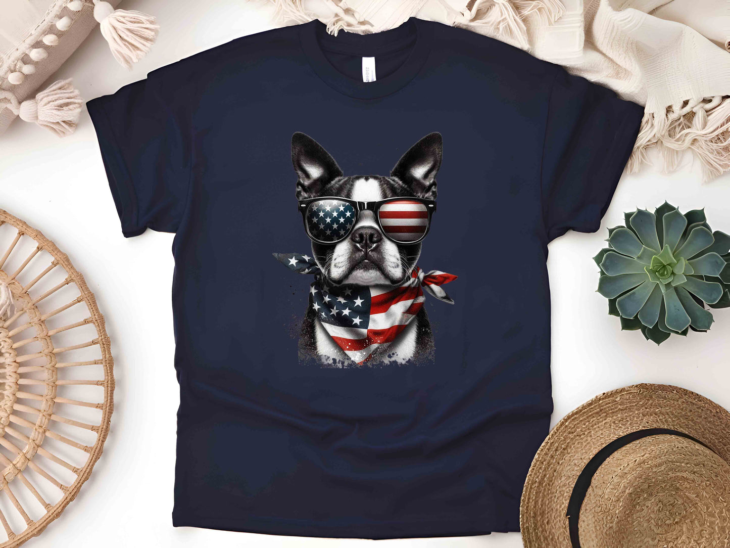 Patriotic Boston Terrier Dog T-Shirt with American Flag – Unisex Tee for Dog Lovers and Patriots