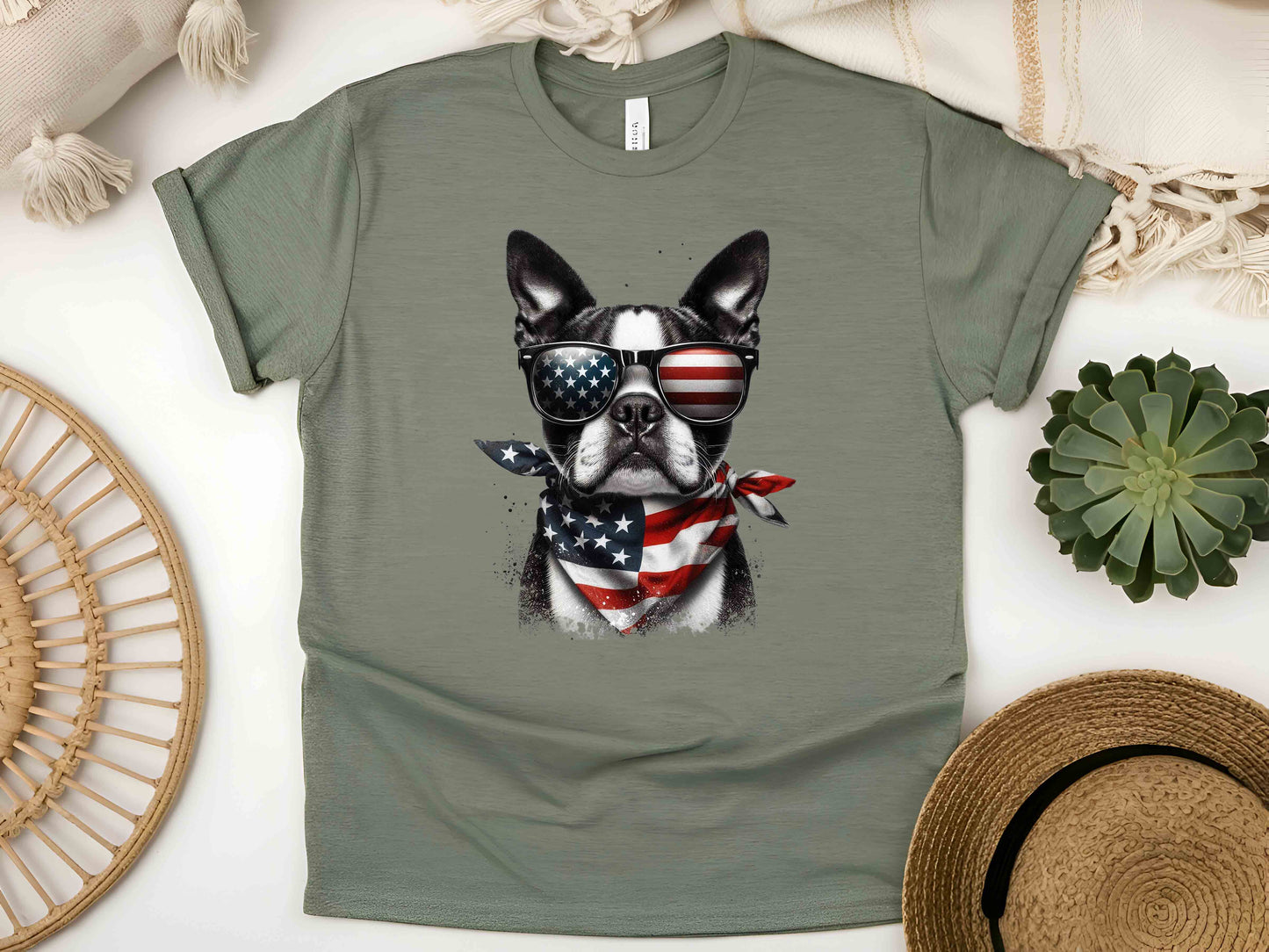 Patriotic Boston Terrier Dog T-Shirt with American Flag – Unisex Tee for Dog Lovers and Patriots