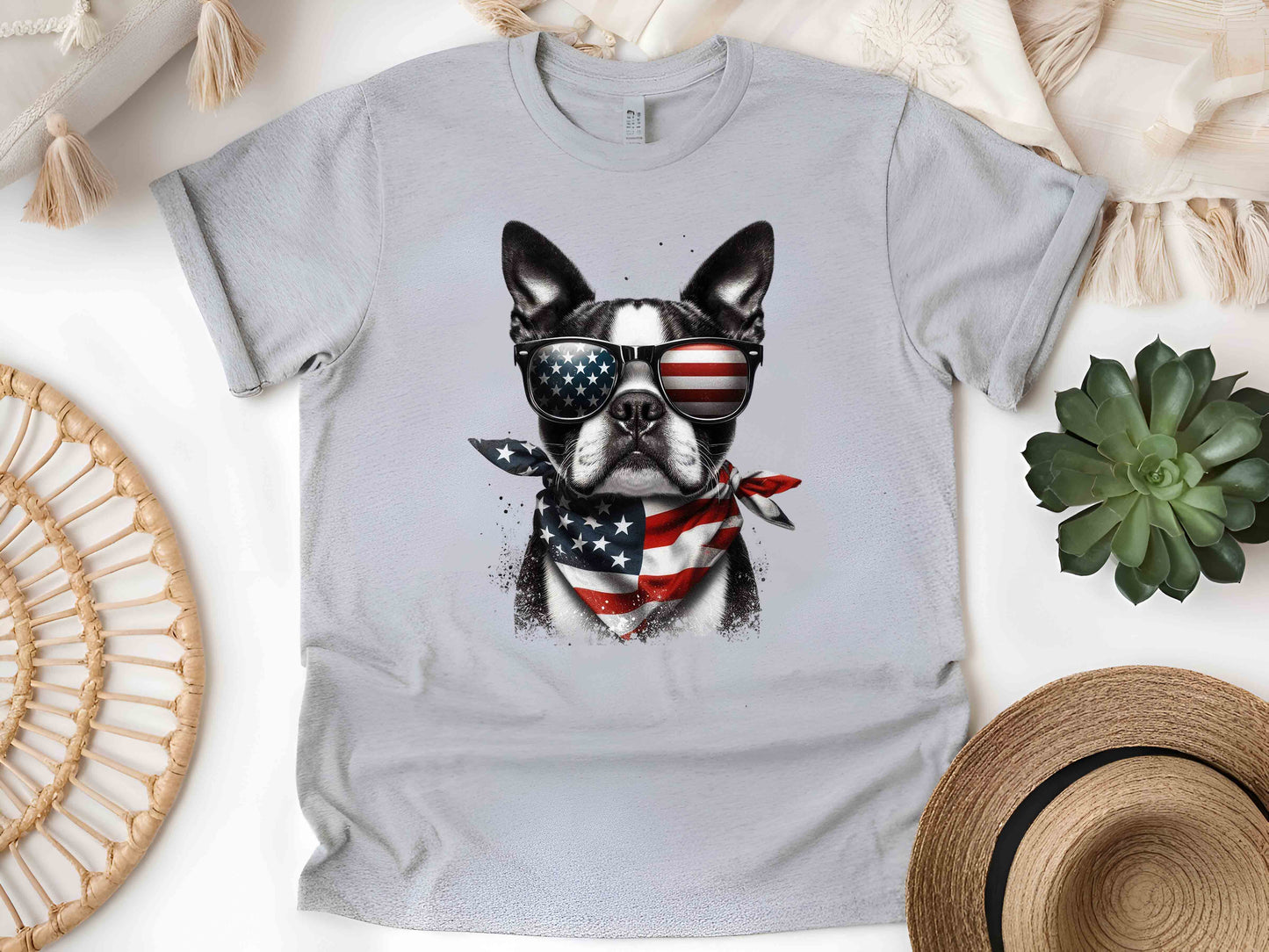 Patriotic Boston Terrier Dog T-Shirt with American Flag – Unisex Tee for Dog Lovers and Patriots