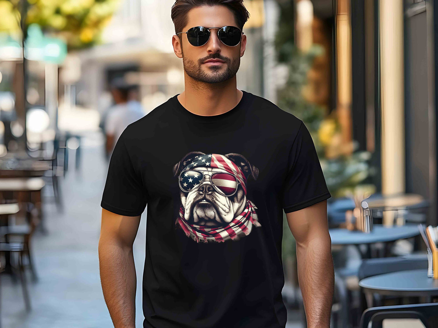 Patriotic Bulldog Dog T-Shirt with American Flag – Unisex Tee for Dog Lovers and Patriots