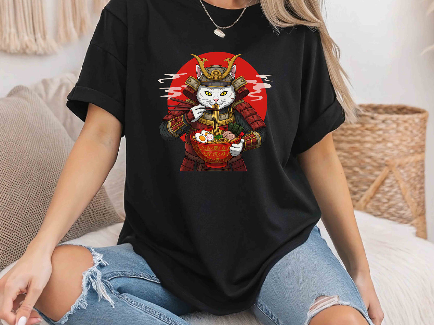 Japanese Ninja Cat Eating Ramen T-Shirt – Cute Japanese Style Cat Art Tee, Perfect Gift for Cat Lovers