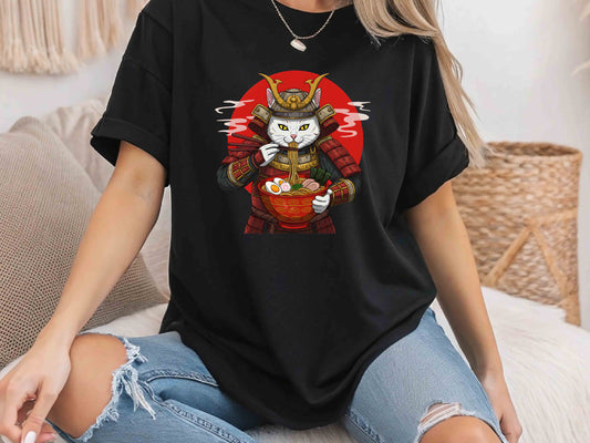 Japanese Ninja Cat Eating Ramen T-Shirt – Cute Japanese Style Cat Art Tee, Perfect Gift for Cat Lovers