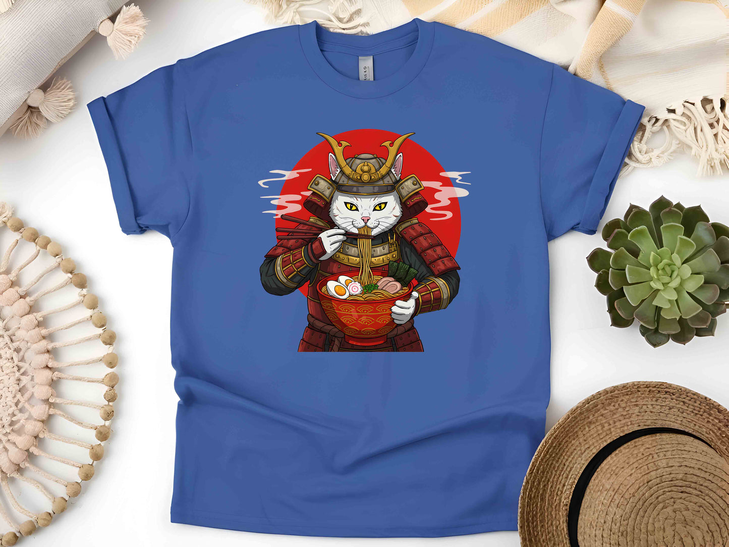 Japanese Ninja Cat Eating Ramen T-Shirt – Cute Japanese Style Cat Art Tee, Perfect Gift for Cat Lovers