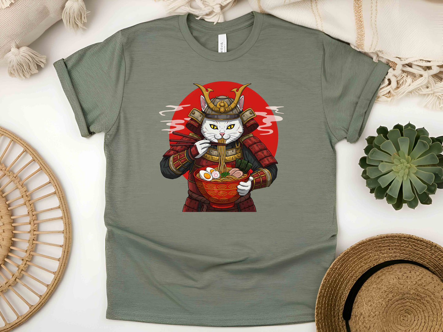 Japanese Ninja Cat Eating Ramen T-Shirt – Cute Japanese Style Cat Art Tee, Perfect Gift for Cat Lovers