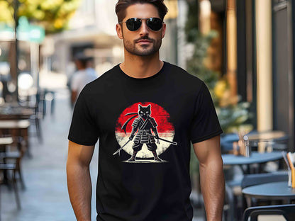 Samurai Cat T-Shirt – Japanese Art Nouveau Graphic Tee, Ukiyo-e Style Feline Warrior Design