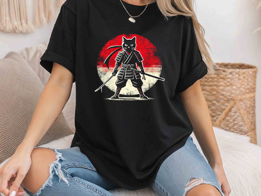 Samurai Cat T-Shirt – Japanese Art Nouveau Graphic Tee, Ukiyo-e Style Feline Warrior Design