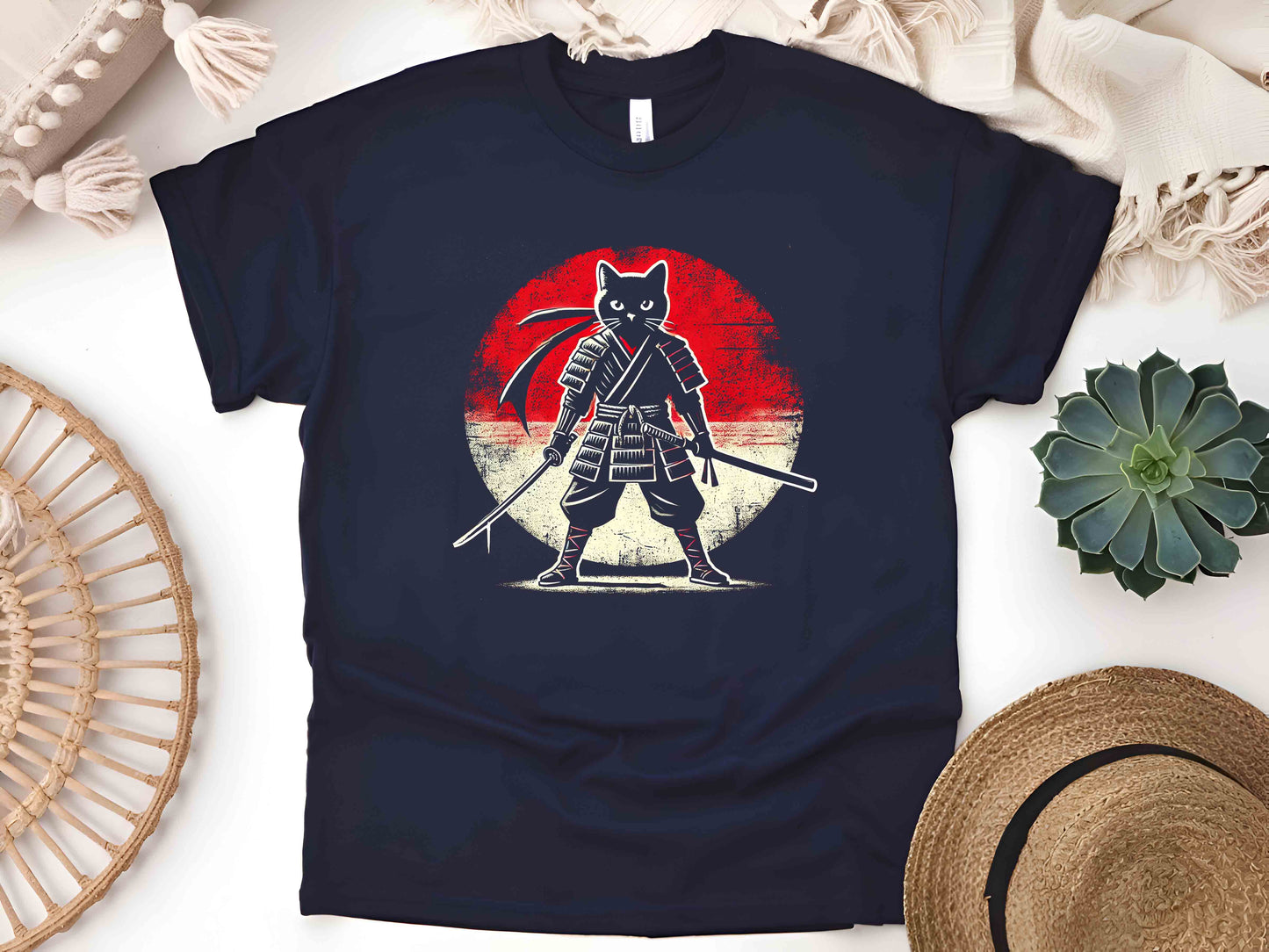 Samurai Cat T-Shirt – Japanese Art Nouveau Graphic Tee, Ukiyo-e Style Feline Warrior Design